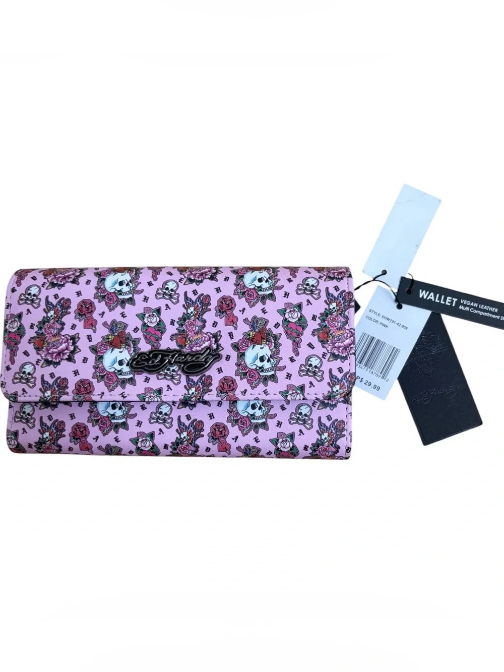 ED HARDY pink floral skull trifold wallet NWT tattoo
